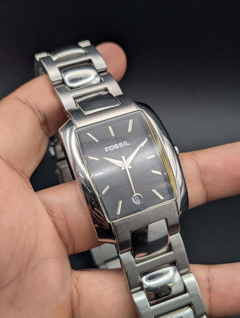 Vintage Fossil Arkitekt FS-4009 Tank Watch, Textured Black Dial Steel Bracelet
